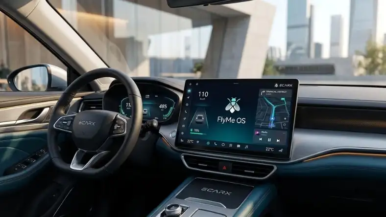 Car interior with an ECARX steering wheel and a large central display running FlyMe OS with map and media